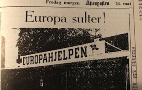 Faksimile av Aftenpostens morgenutgave 24. mai 1946. Det står Europa sulter! Europahjelpen