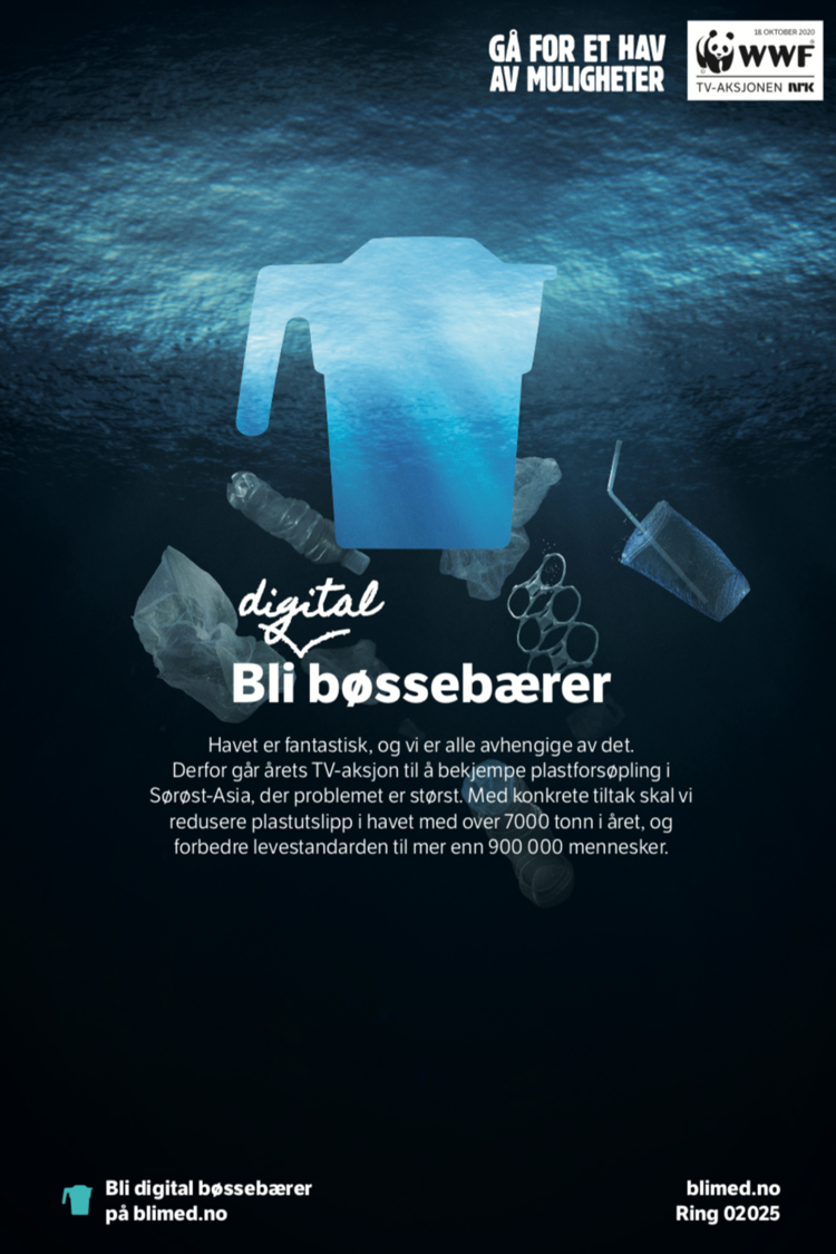TV-aksjonen 2020 sin kampanjeplakat. En illustrasjon av plast i havet, med tekst og slagord "Gå for et hav av muligheter" 